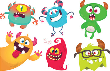 Funny cartoon monsters with different face expressions. Set of cartoon vector happy monsters characters. Halloween design for party decoration,  package design © drawkman