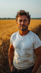 Caucasian man in white t-shirt and jeans on background summer field.