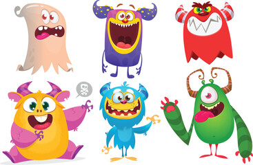 Cute cartoon Monsters. Set of cartoon monsters: goblin, ghost, troll, monster, yeti and alien . Halloween design. Vector illustration isolated