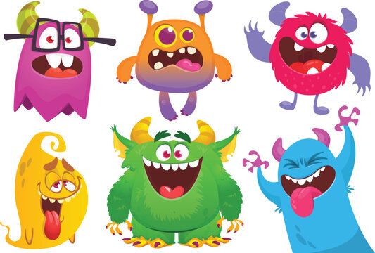 Funny cartoon monsters with different face expressions. Set of cartoon vector happy monsters characters. Halloween design for party decoration,  package design