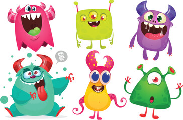 Funny cartoon monsters with different face expressions. Set of cartoon vector happy monsters characters. Halloween design for party decoration,  package design