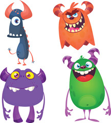 Funny cartoon monsters with different face expressions. Set of cartoon vector happy monsters characters. Halloween design for party decoration,  package design