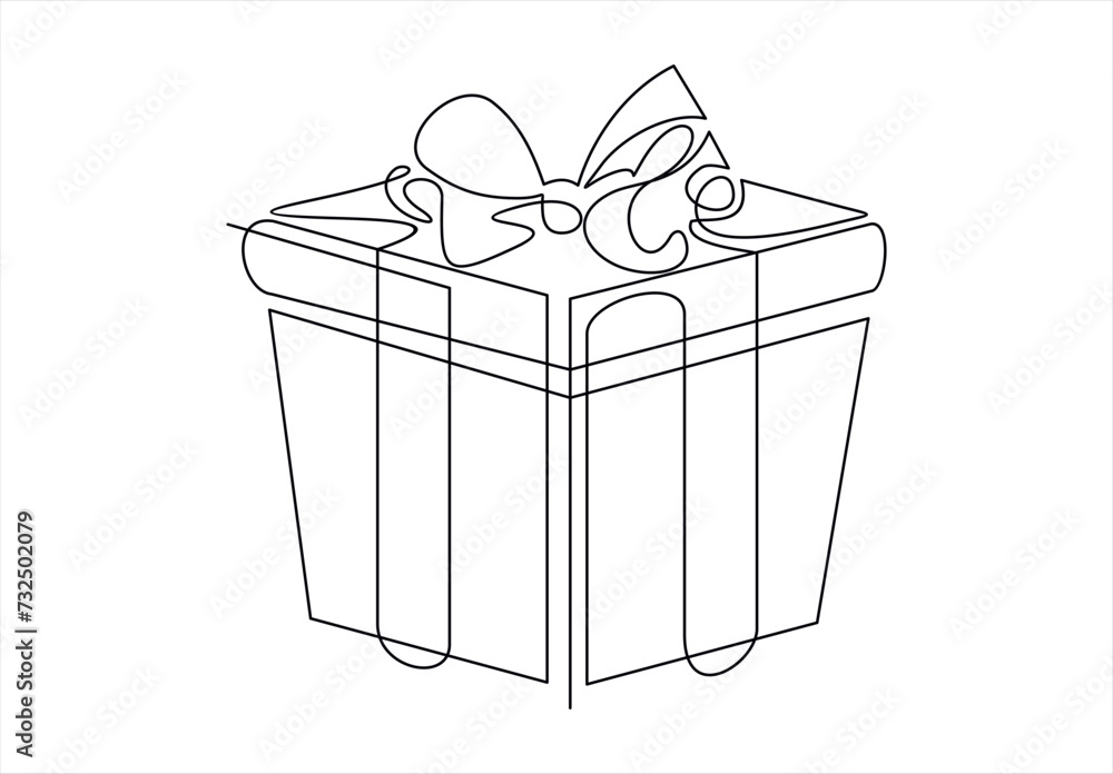 Poster one continuous line drawing of christmas present box with ribbon and bow. festive present and wrappe