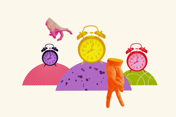 Photo collage creative picture human arms walking two fingers clock alarm punctuality deadline miss...