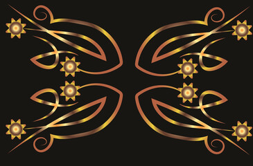 Symmetrical fantasy pattern with flowers. Illustration with place for inscription. Gold gradient on a black background for printing on fabric, applique and cards.