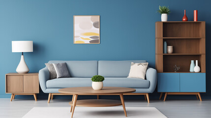 Modern Living Room with Blue Sofa and Wooden Accents in a Cozy Setup