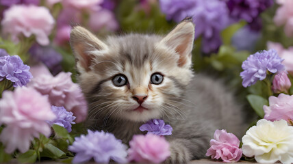 Naklejka na ściany i meble Happy grey kitten in color flowers