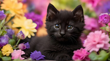 Naklejka na ściany i meble Happy black kitten in color flowers