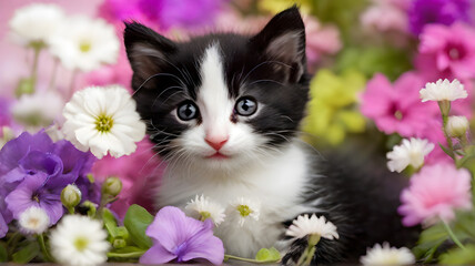 Happy black and white kitten in color flowers
