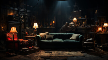Fototapeta na wymiar Dark Interior with Leather Sofa and Dimly lit Lamp Lights. Moody Scene, Vintage retro Style. 
