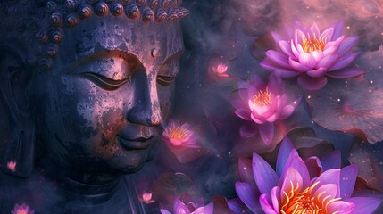 a statue of a buddha with purple flowers
