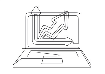 Graph growth indicators on laptop screen in one continuous line hand drawn art minimalism style. The concept is the growth of stock finance isolated on white background. Vector illustration