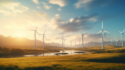 modern windmills in a beautiful landscape, eco friendly renewable green energy, go green concept wallpaper, background, wind energy