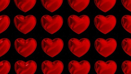 3d set of red chrome red hearts on black isolated background. Love Valentine's day Romance pattern texture. 