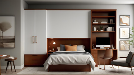 Efficient Sleep Solution: Studio Apartment with Murphy Bed in Crisp Linen White, Warm Caramel Brown, and Brushed Bronze Accents