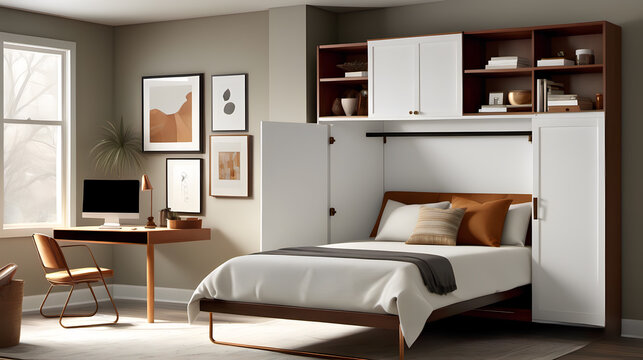 Functional Urban Oasis: Studio Apartment featuring a Murphy Bed, Linen White, Caramel Brown, and Brushed Bronze Accents