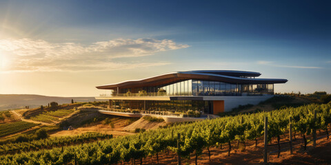 Vineyard landscape with a modern winery building on a hill under stunning sky. Rows of grapes....