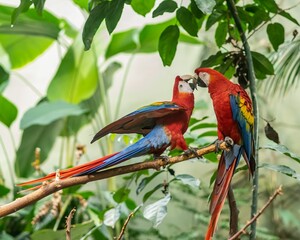 two parrots sitting together on branches of tree branch with leaves