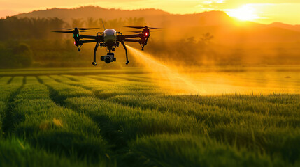 drone spraying pesticides fertilizer on soybean crops farm field
