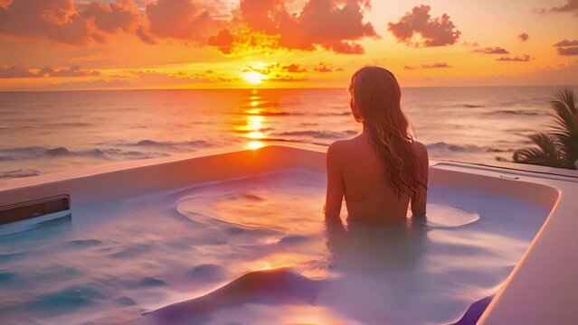 woman relaxing in swimming pool jacuzzi at luxury hotel spa enjoying beautiful sunset view of ocean mediterranean travel holiday resort 4k video back view