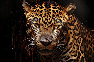 Obraz premium Portrait of a wild leopard with blood on a black background, Ai Generated