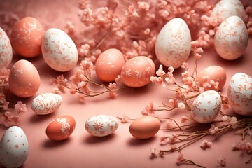 Fototapeta na wymiar Subdued coral-colored scene featuring intricate Easter details and a variety of eggs, providing a delightful backdrop for your celebratory text