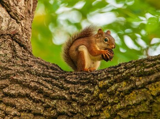 Closeup of a  brown squirrel perched on a tree with a blurry background