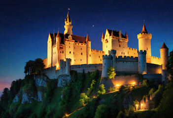 Fototapeta premium Medieval Castle, Fortification, Architecture, Historical, Ancient, Fortress, Stronghold, Stone, Tower, Ramparts, History, Heritage, Medieval Era, Kingdom, AI Generated