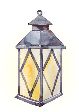 Beautiful watercolor vintage lantern isolated on white background. Hand drawn lantern design. Antique concept. Old style light artwork.