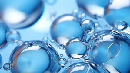 Macro shot of translucent blue bubbles representing cells or molecules in liquid medium, scientific concept - obrazy, fototapety, plakaty