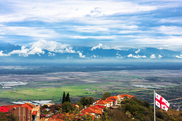 View of Sighnaghi ( Signagi ) and the Alazani Valley during the day. View of the roofs. 