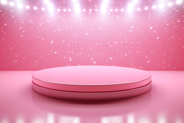 Pink podium 3d illustration background , mock up display with sparkle and glitter for beauty products or holiday event.	