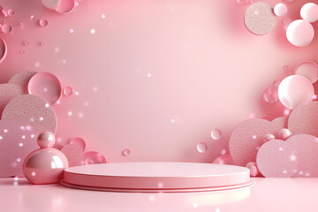 Pink podium 3d illustration background , mock up display with sparkle and glitter for beauty products or holiday event.	