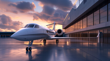 Obraz premium A private jet parked at a terminal during sunset