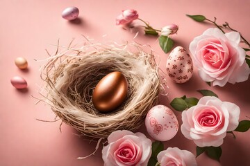 Aerial view of a captivating Easter egg placed in a nest on the side, against a gentle rose-colored background, creating a whimsical scene with a solid and flat surface for your festive message