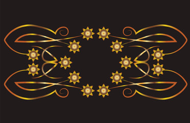 Symmetrical fantasy pattern with flowers and swirls. Illustration with place for inscription. Gold gradient on a black background for printing on fabric, applique and cards.