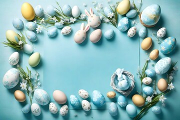 Bird's eye view of a gentle sky-blue ambiance featuring whimsical Easter details and a variety of eggs, offering a unique perspective for your celebratory text