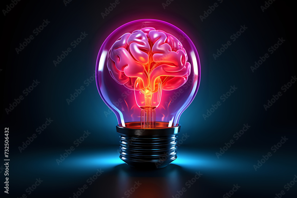 Poster luminescent brain in bulb concept. this image merges the iconic light bulb with a glowing brain, sym