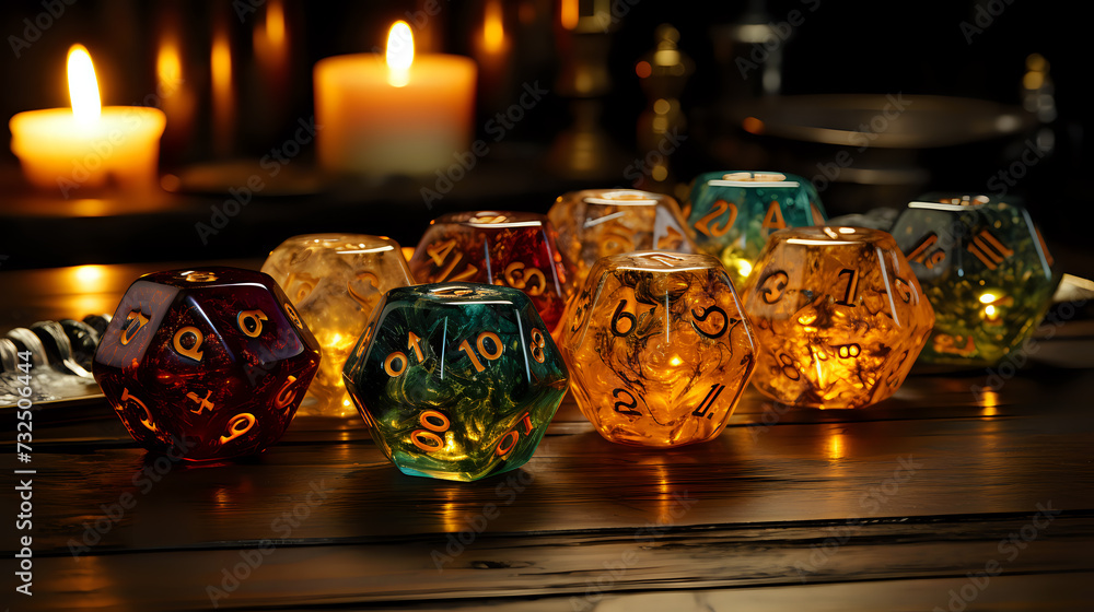 Poster enigmatic dice collection by candleligh. a captivating array of colored dice sets a mystical scene f