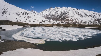 Aerial view of Pensi La under t he blue sky in winter