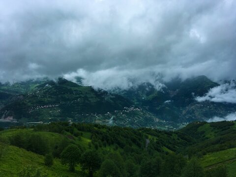 Picturesque scenic view of rolling hills, dotted with clouds in Trabzon, turkey.