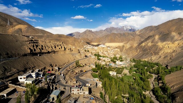 Aerial view of Tibetan Lamayuru Monastery (Gompa), in Lamayuru village in Ladakh, North India