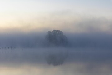Fototapeta premium Tranquil lake surrounded by a lush green landscape with fog rolling in from the horizon.