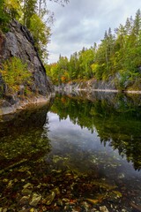 Idyllic view of a tranquil body of water surrounded by rocks and trees on the shoreline.