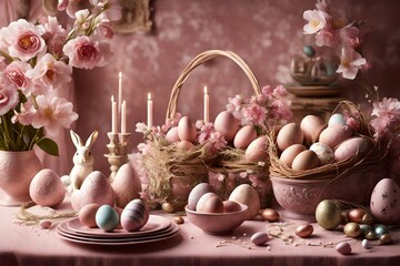 Obraz na płótnie Canvas Muted rose-colored scene adorned with elaborate Easter embellishments and an assortment of eggs, creating a charming space for your celebratory message