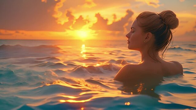 woman relaxing ocean by luxury hotel spa enjoying beautiful sunset view of ocean mediterranean travel holiday resort 4k video