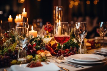 Wine glasses and elegant and selected decoration on the restaurant table romantic atmosphere, dining menu for guests