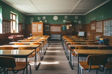 Empty classroom. Back to school concept in high school. Vintage wooden chairs and desks. Studying lessons in secondary education.