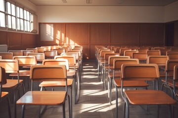 Empty classroom. Back to school concept in high school. Vintage wooden chairs and desks. Studying lessons in secondary education.