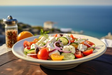 Greek salad with tomatoes, cucumbers, white feta cheese, olives and the sea in the background